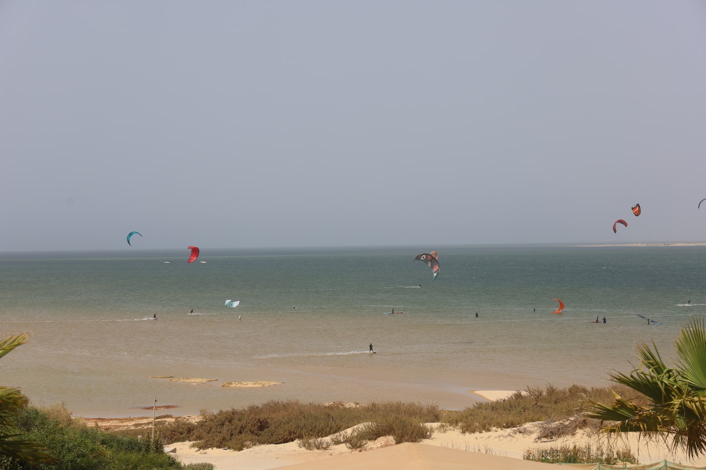 Kites flying over a lagoon beach